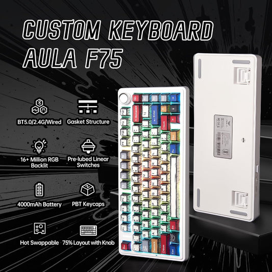 AULA F75 75% RGB Tri Mode Wireless Mechanical Gaming Keyboard ( Comic Keycap-Reaper Switch )