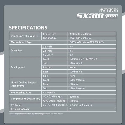 ANT ESPORTS SX310 Pro EATX Mid Tower Cabinet (Black)