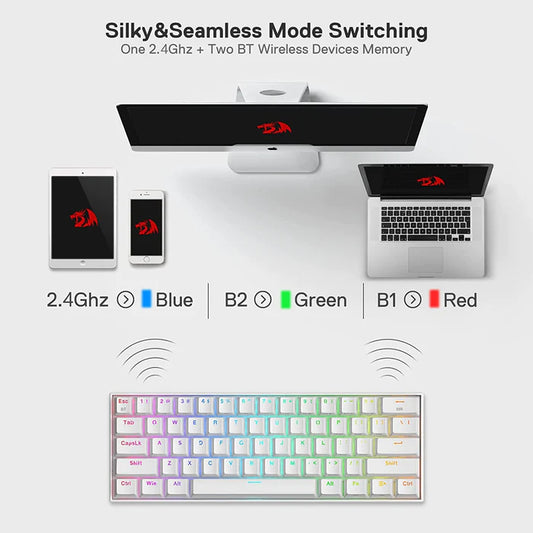 Redragon Draconic K530 Pro RGB 60% Wireless Mechanical Keyboard (White) (Red Switches)