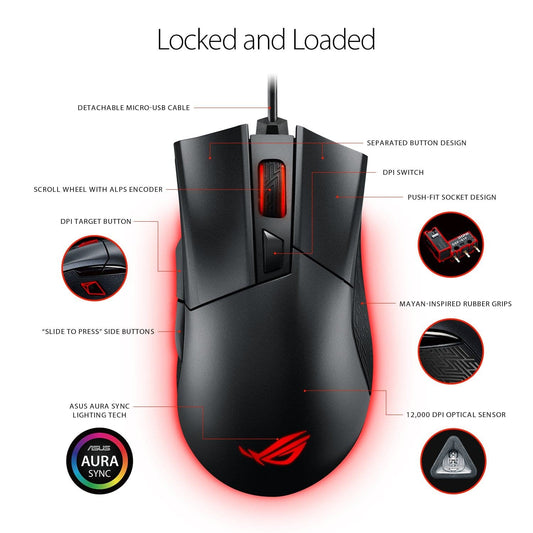 Asus ROG Gladius 2 Ergonomic Optical Gaming Mouse (Black)