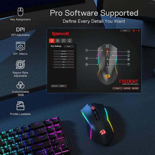 REDRAGON Trident Pro M693 Wireless / Bluetooth Ambidextrous Gaming Mouse ( 8000DPI / 7 Macro Button ) ( Black )