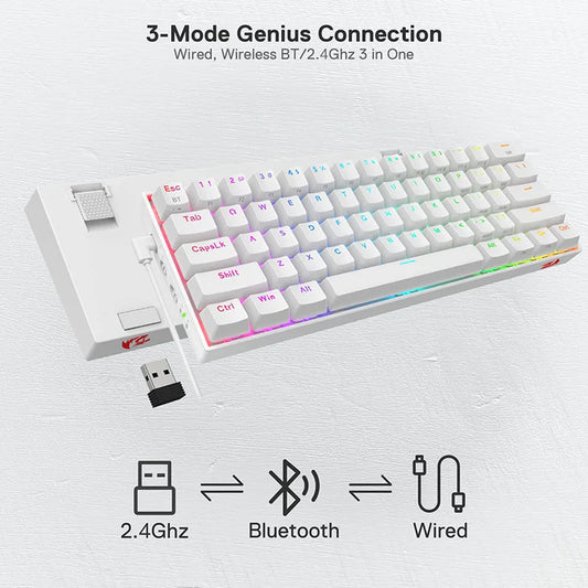 Redragon Draconic K530 Pro RGB 60% Wireless Mechanical Keyboard (White) (Red Switches)