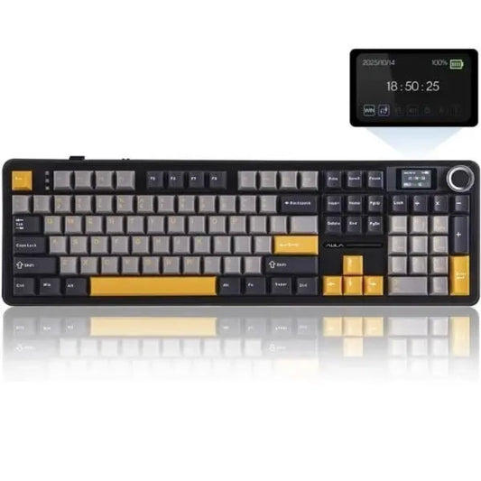 AULA  F108PRO Tri Mode Tri-Mode Full Size Wireless Mechanical Gaming Keyboard ( Grey/Yellow ) ( Reaper Switch )
