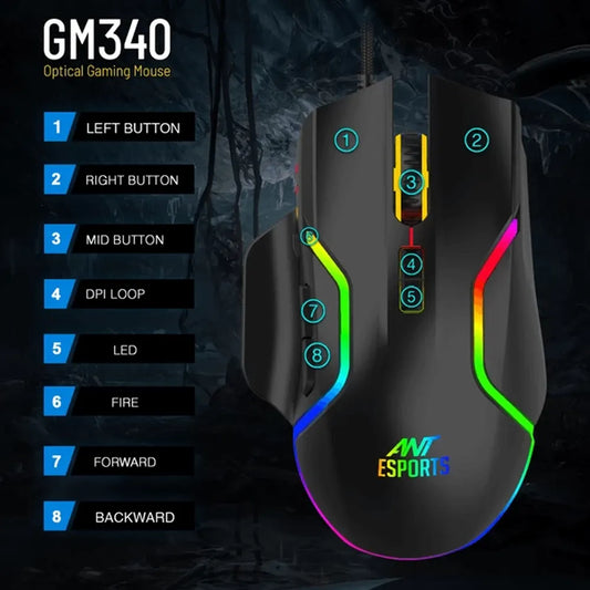 ANT ESPORTS GM340 Wired Ergonomic Gaming Mouse (GM340) (12800DPI) (5 Macro Button) (Black)