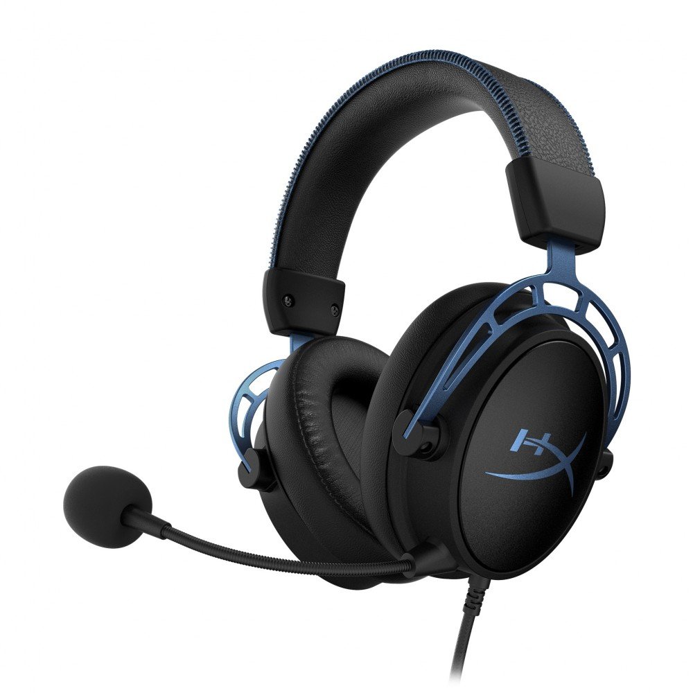 White and blue online gaming headset